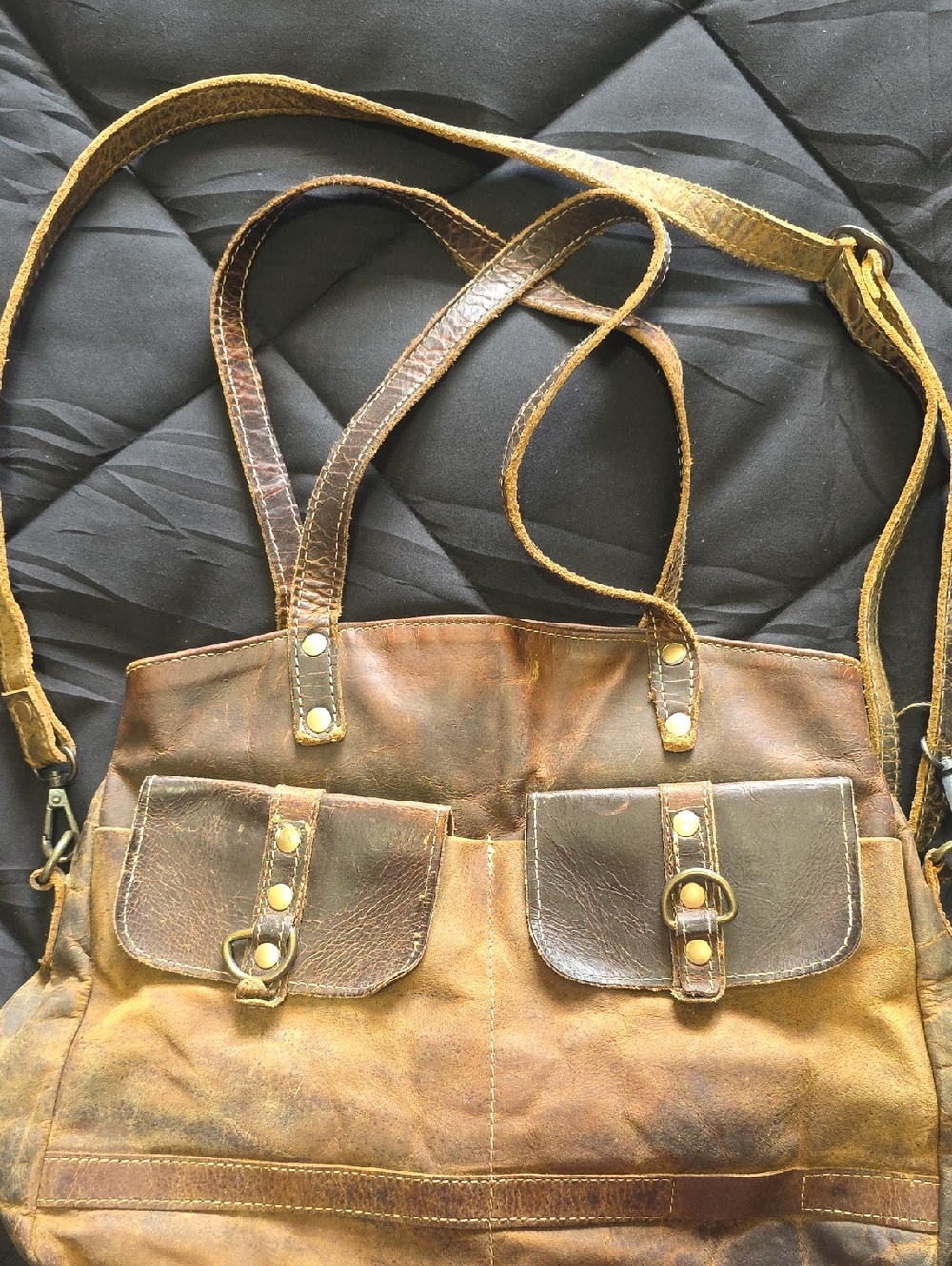 Myra Bag Distressed Brown Leather Shoulder Tote with Dual Front Pockets